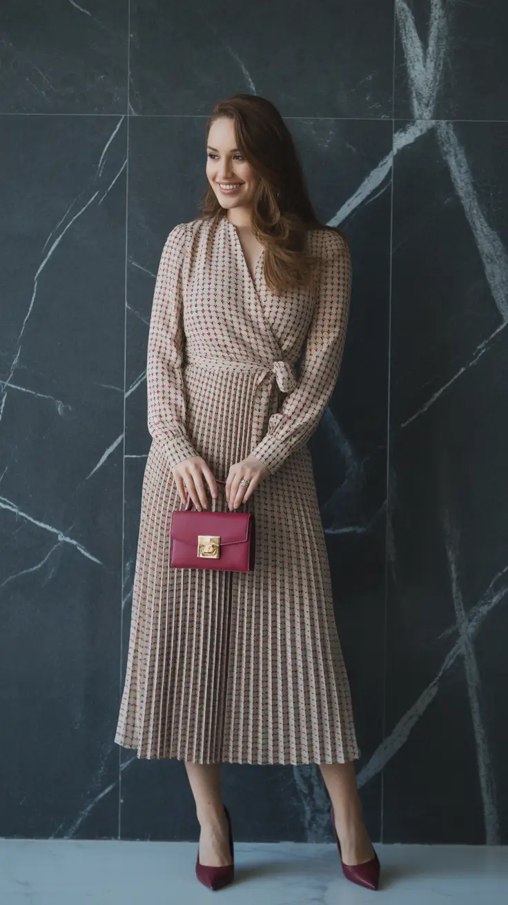 chic spring dress outfits for women 2026 + Pleated Midi Dress With A Burgundy Bag For Polished Evenings
