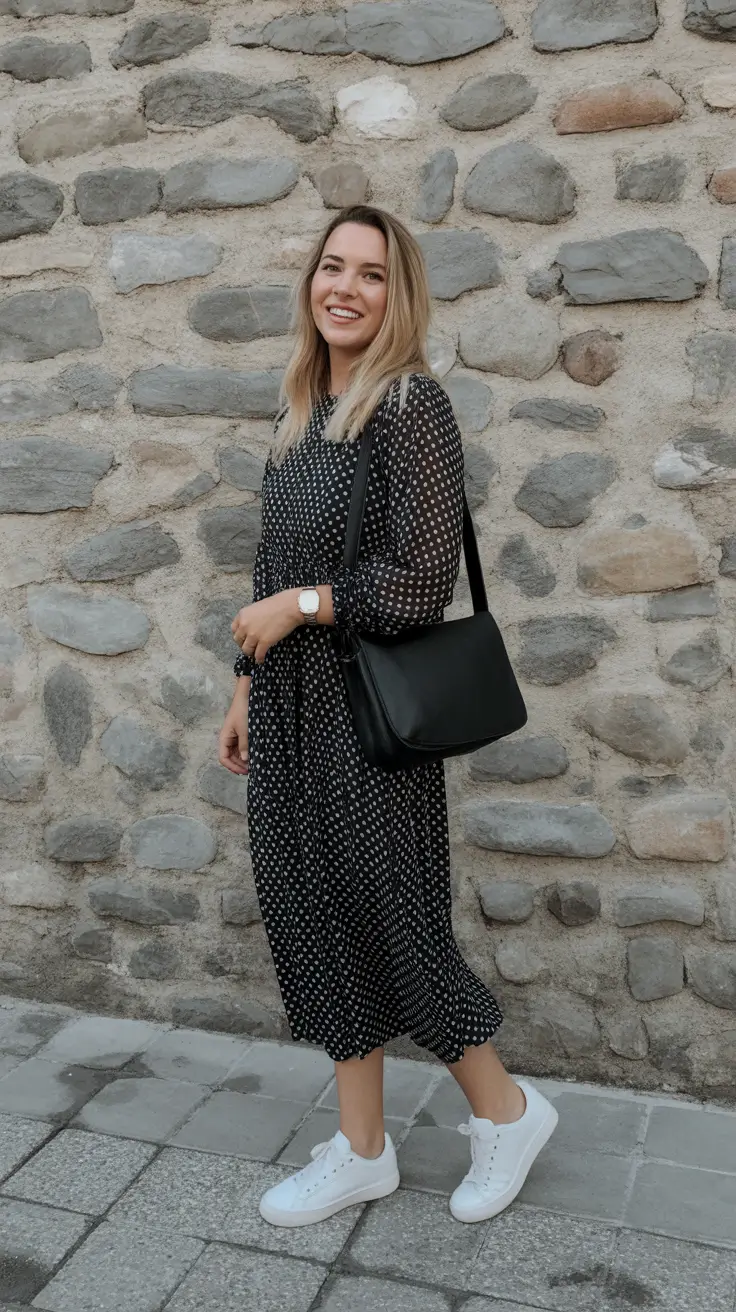 chic spring dress outfits for women 2026 + Polka Dot Midi With Crisp Sneakers For Off Duty Chic