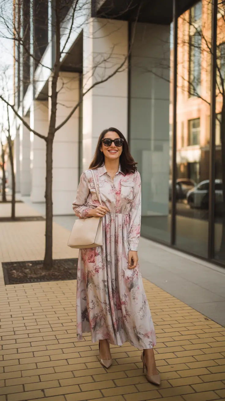 chic spring dress outfits for women 2026 + Watercolor Shirt Dress With Sunglasses And City Confidence