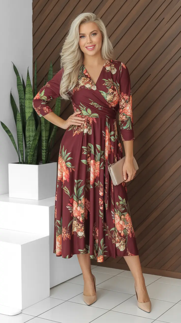 chic spring dress outfits for women 2026 + Burgundy Wrap Floral Midi That Flatters Instantly