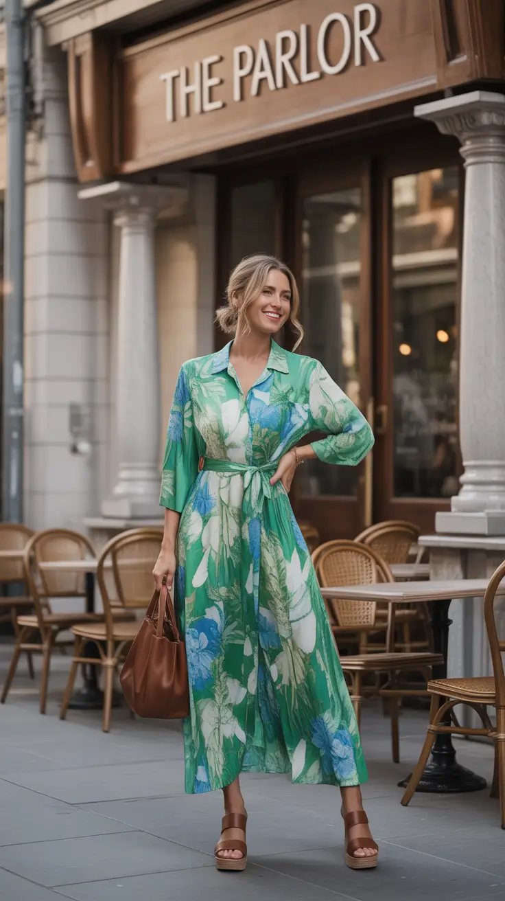 chic spring dress outfits for women 2026 + Bold Green Maxi With Blue Florals For Main Character Brunch