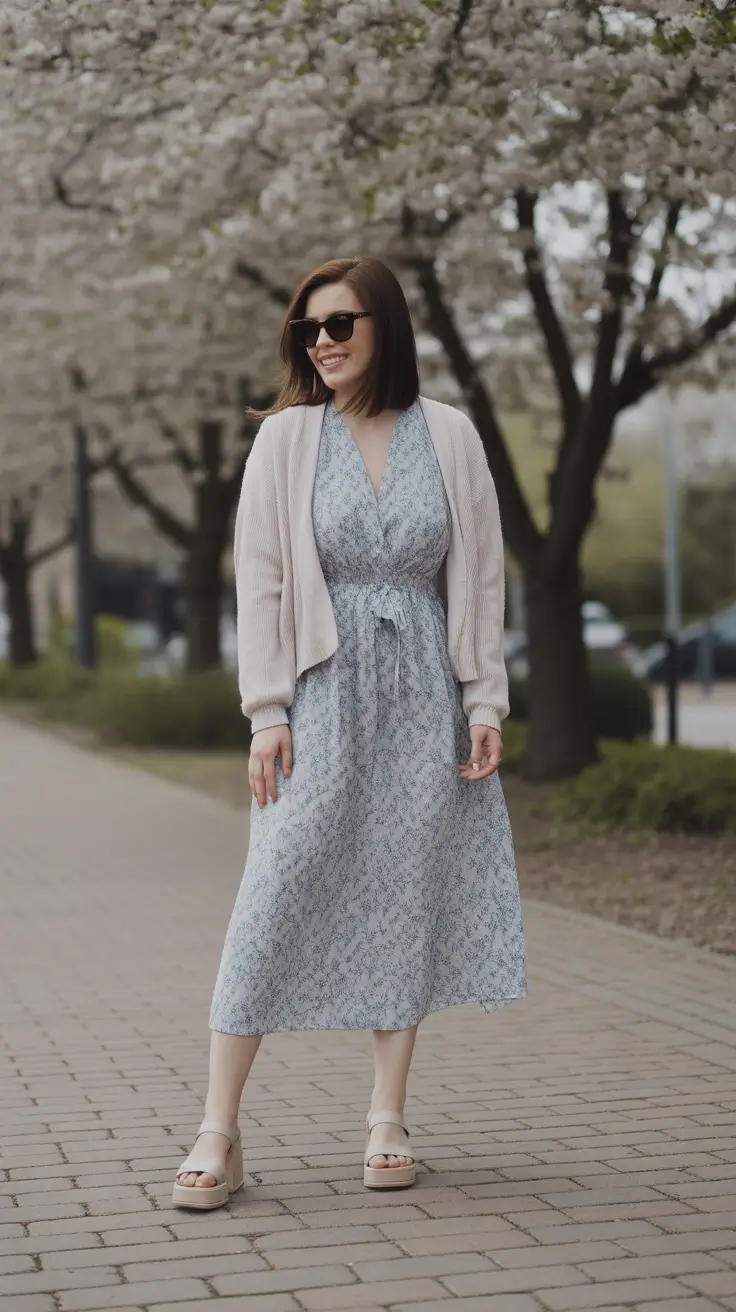 chic spring dress outfits for women 2026 + Blue Midi Dress With A Cozy Cardigan For Cold Spring Days