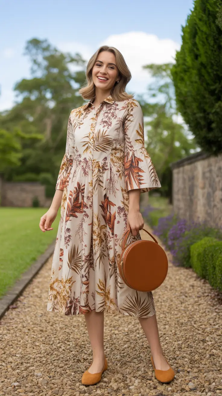 chic spring dress outfits for women 2026 + Neutral Floral Shirt Dress With Vintage-Style Accessories