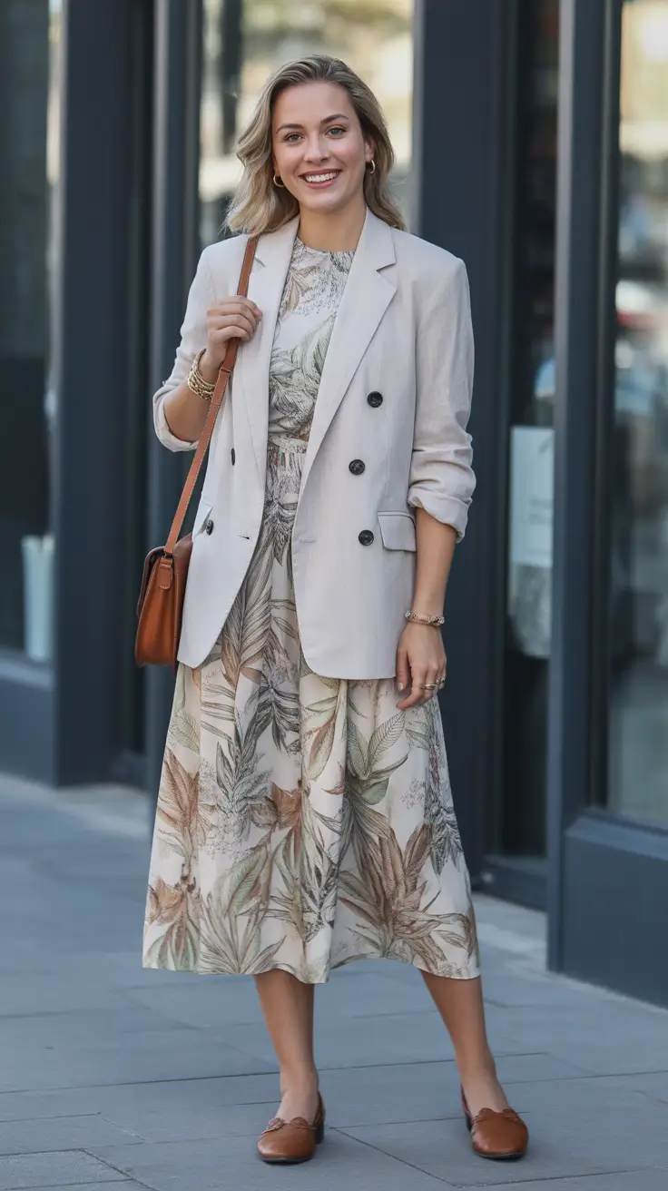 chic spring dress outfits for women 2026 + Soft Blazer Over A Botanical Midi For Polished Errands