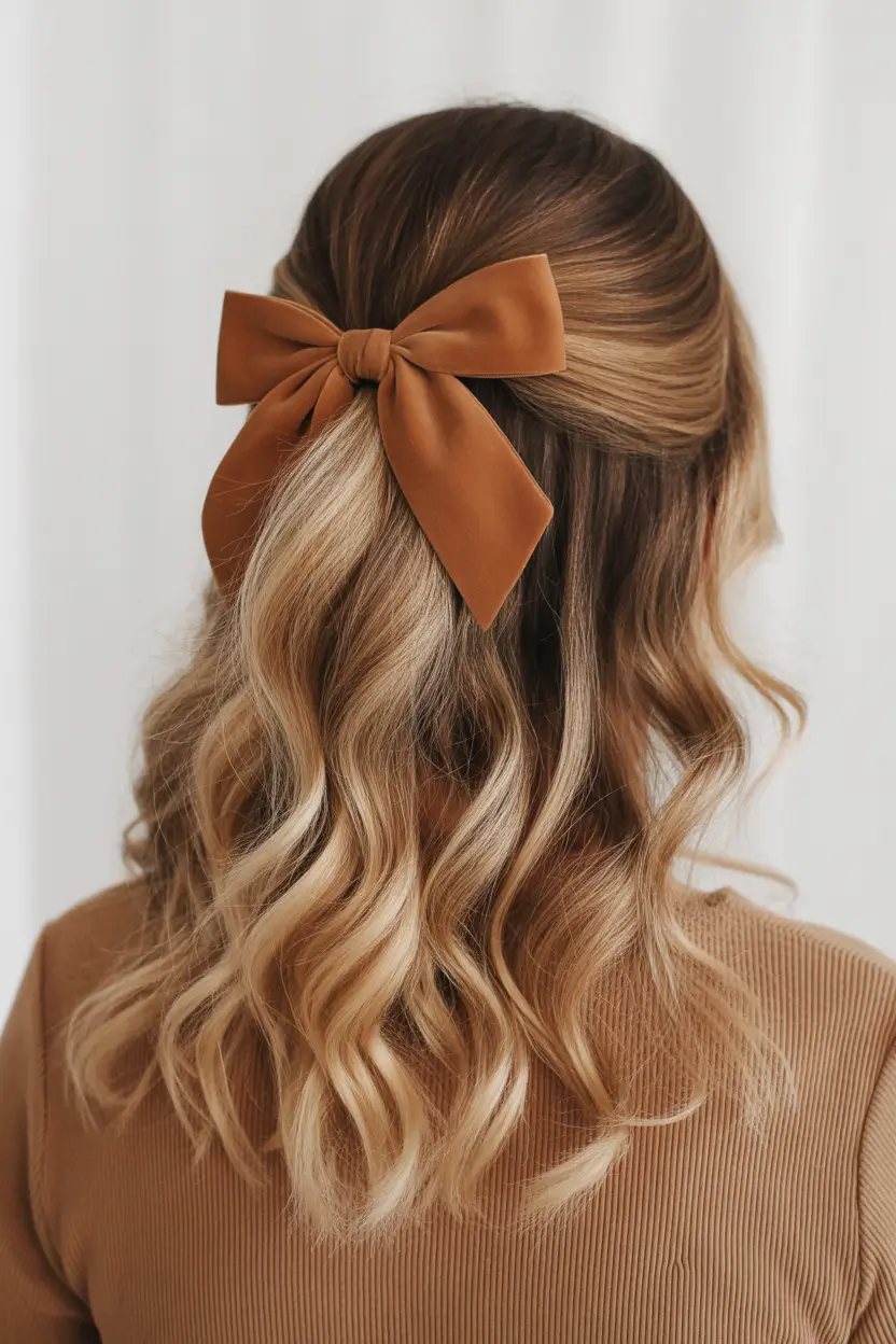 cute easy spring hairstyles 2026 + Soft Half-Up Waves With A Statement Bow