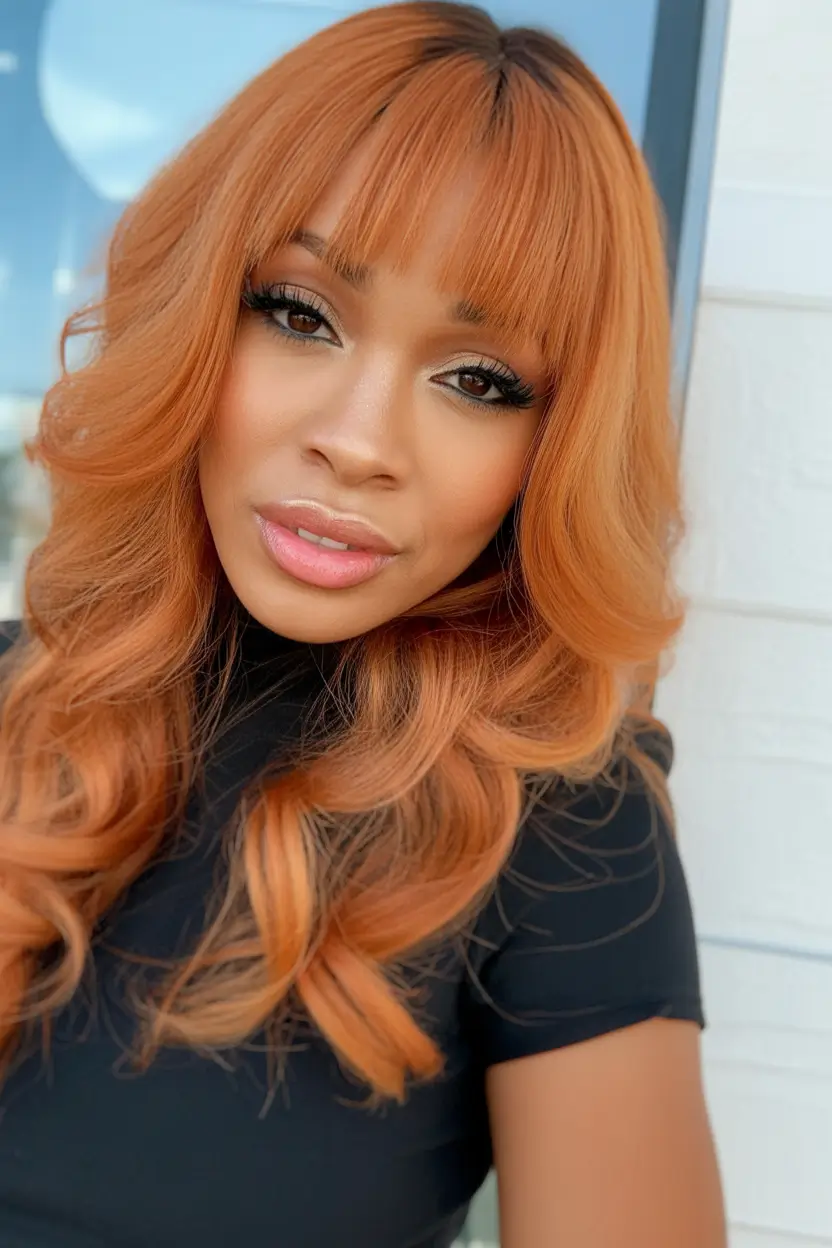 vibrant spring hair color for dark skin 2026 Soft Ginger With Fringe And Spring Warmth