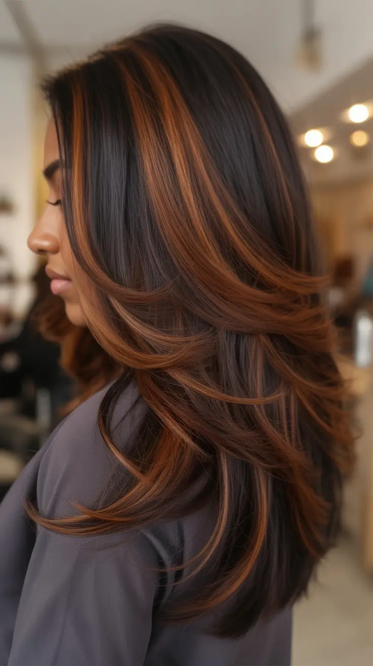 vibrant spring hair color for dark skin 2026 Layered Chocolate Brown With Copper Highlights