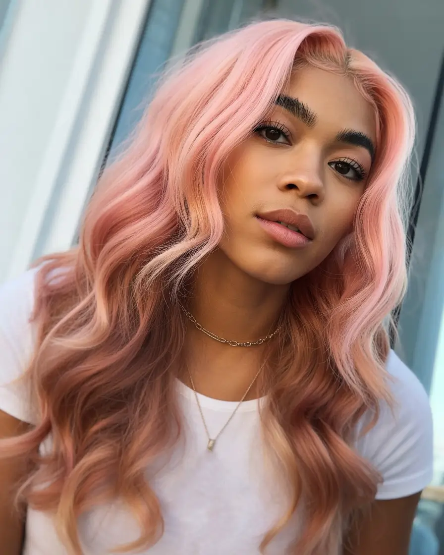 vibrant spring hair color for dark skin 2026 Peachy Pastel Waves With Soft Golden Undertones