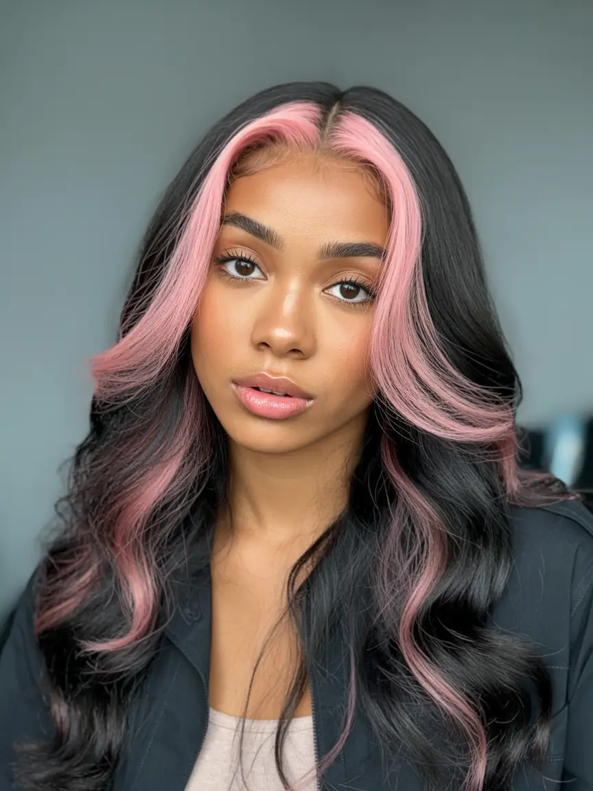 vibrant spring hair color for dark skin 2026 Two-Tone Black And Pink Block Coloring