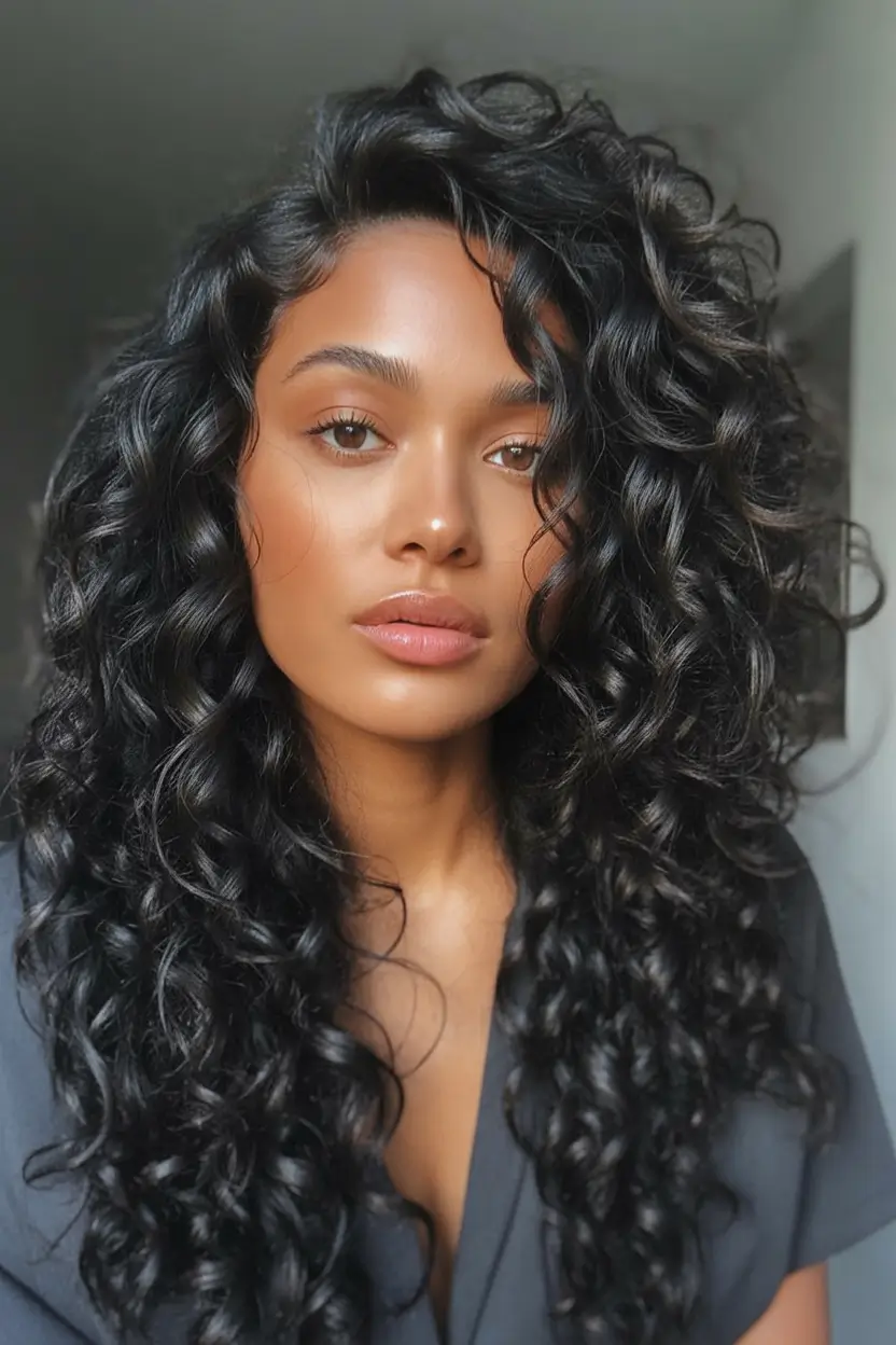 vibrant spring hair color for dark skin 2026 Deep Jet Black Spirals With High-Gloss Finish