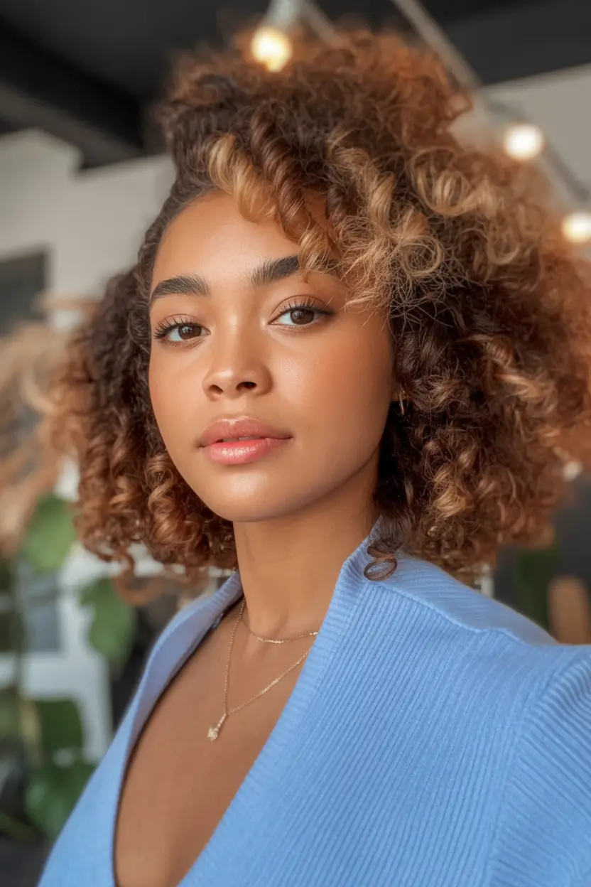 vibrant spring hair color for dark skin 2026 Soft Copper Curls With Playful Brightness