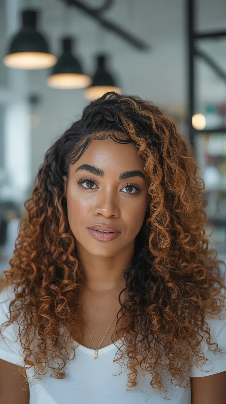 vibrant spring hair color for dark skin 2026 Golden Amber Curls With Sunlit Highlights