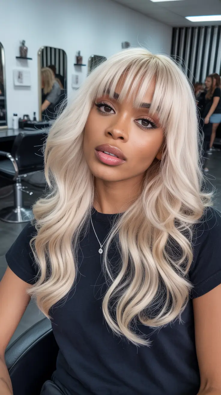 vibrant spring hair color for dark skin 2026 Soft Icy Blonde Waves With Feathered Bangs
