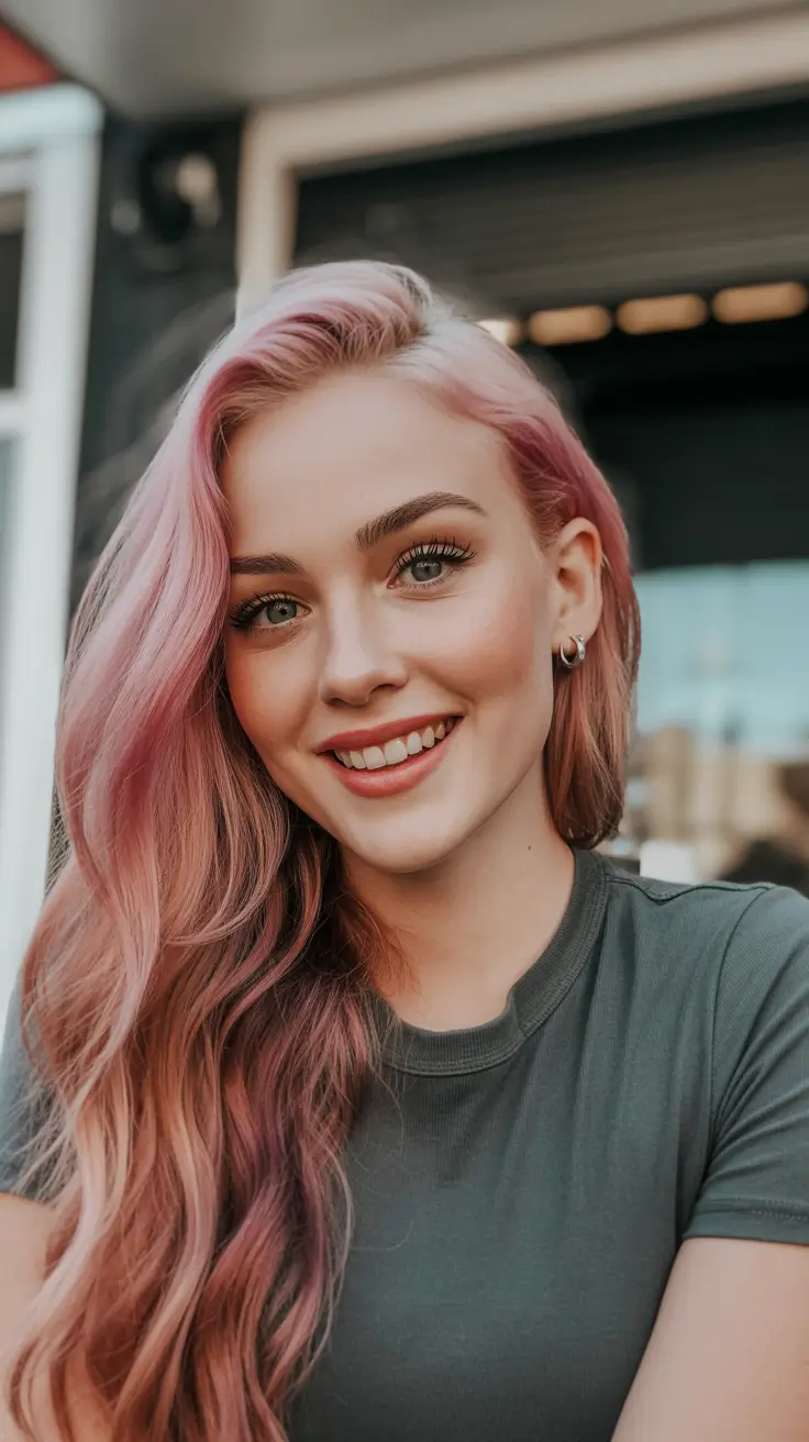 trendy spring hair color ideas 2026 to look younger + Soft Rose Gold Waves With A Brightened Hairline