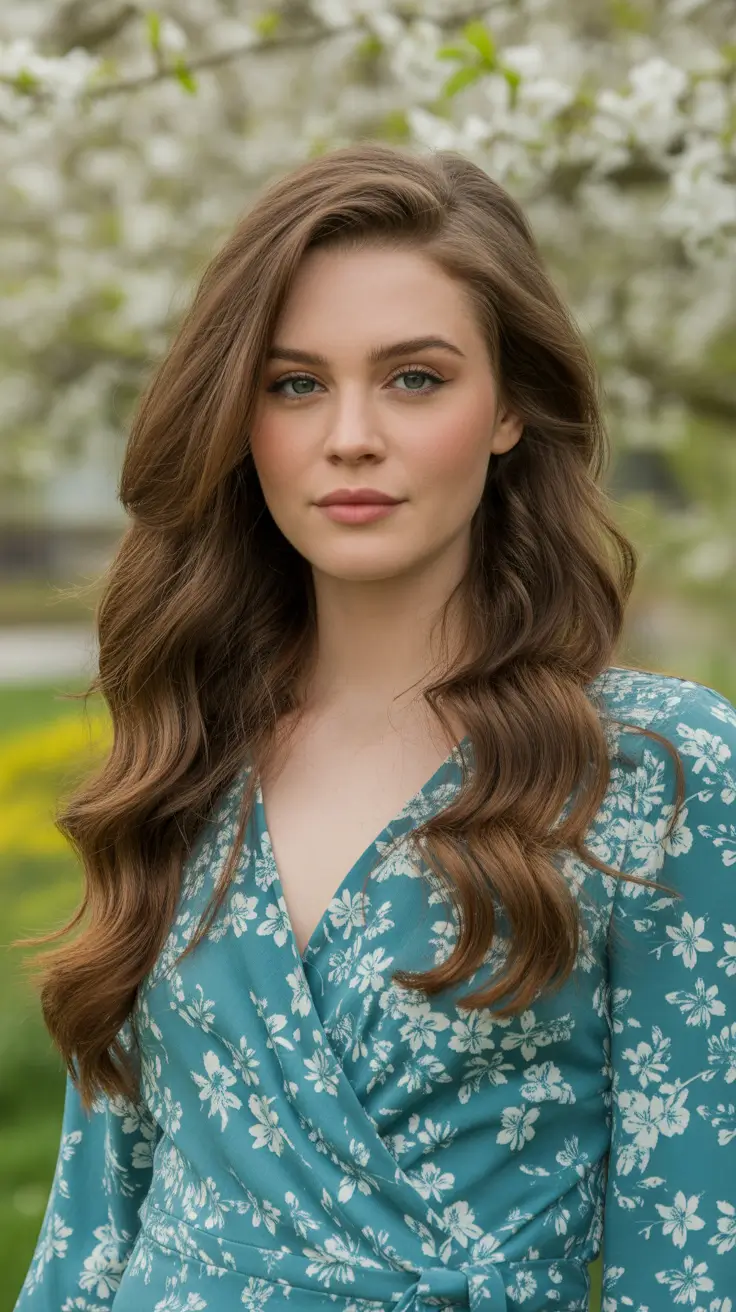trendy spring hair color ideas 2026 to look younger + Chestnut Brunette Gloss With Soft Spring Waves