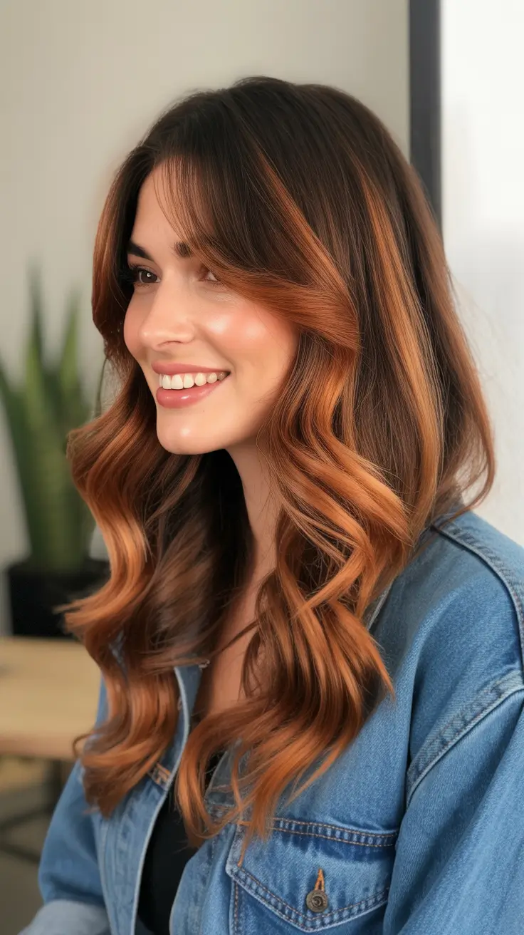 trendy spring hair color ideas 2026 to look younger + Brunette With Copper Ribbons And A Face-Framing Pop