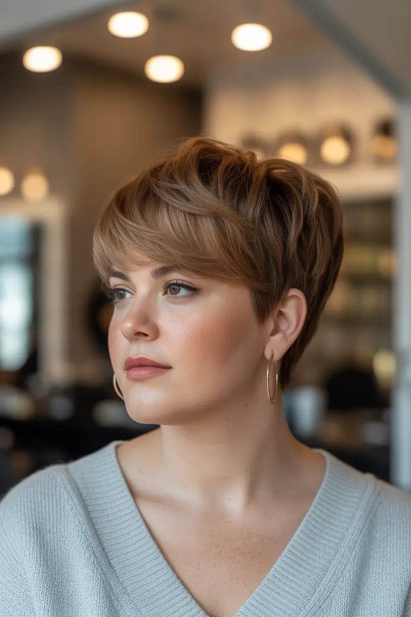 modern spring haircuts for chubby faces 2026 Softly Sculpted Long Pixie For Spring