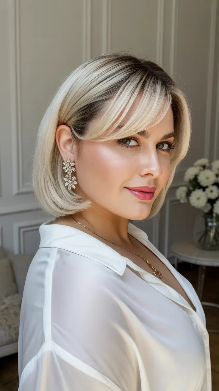 modern spring haircuts for chubby faces 2026 Soft Blonde Bob With Feathered Curtain Bangs