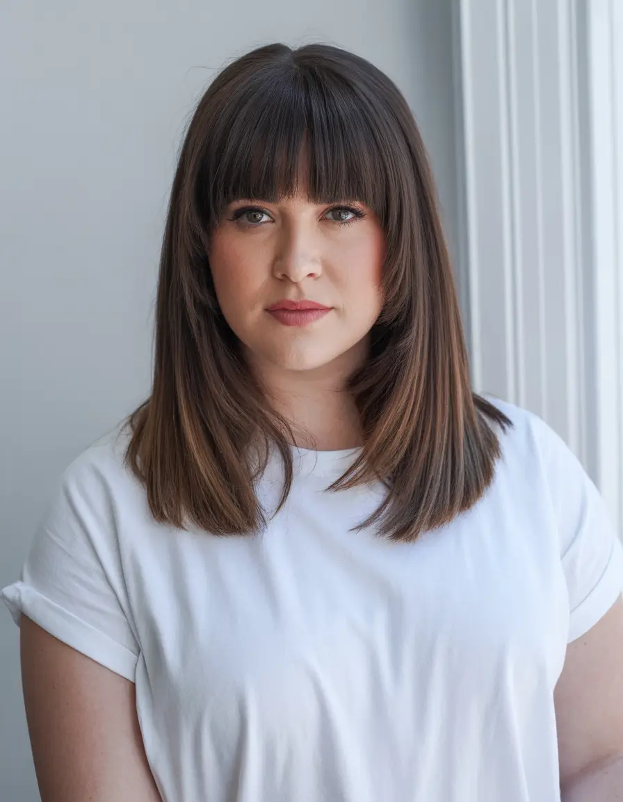 Modern Spring Haircuts For Plus Size Women 2026 Sleek Medium Cut With Blunt Spring Bangs