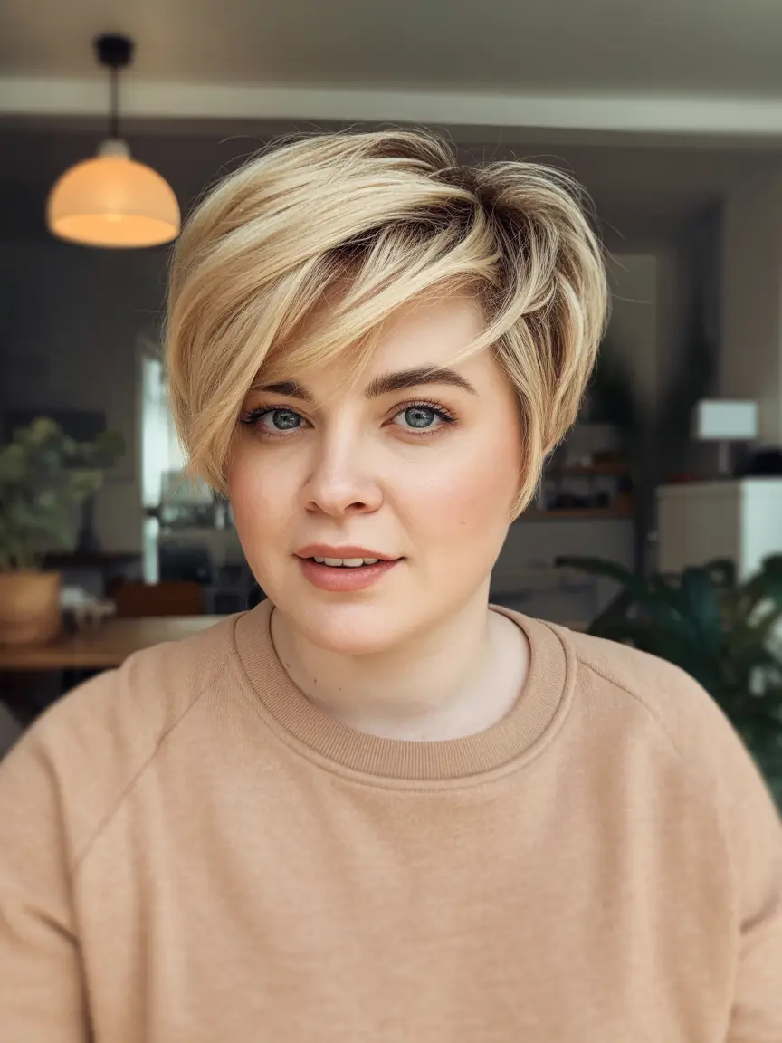Modern Spring Haircuts For Plus Size Women 2026 Voluminous Side-Parted Pixie With Soft Highlights