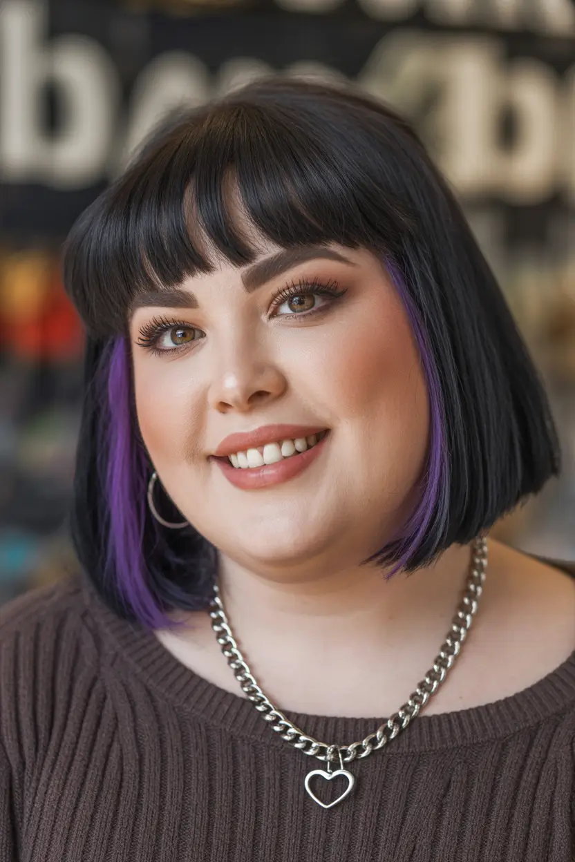 Modern Spring Haircuts For Plus Size Women 2026 Edgy Black Bob With Purple Peekaboo Highlights