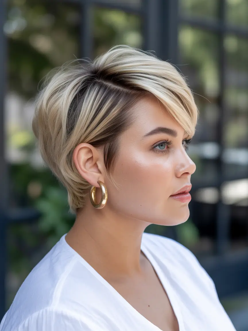 Modern Spring Haircuts For Plus Size Women 2026 Chic Blonde Tapered Pixie With Side Sweep