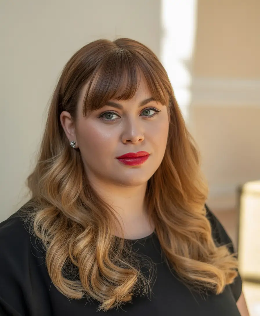 Modern Spring Haircuts For Plus Size Women 2026 Long Warm Waves With Soft Curtain Bangs