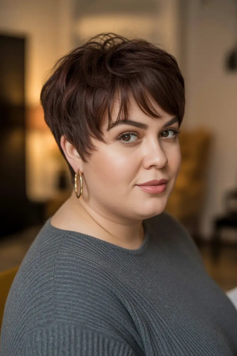 Modern Spring Haircuts For Plus Size Women 2026 Layered Pixie With Soft Fringe Detail