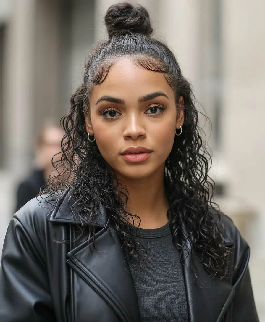 best spring hairstyles trends black women 2026 + Half-Up Top Knot With Wet-Look Curls