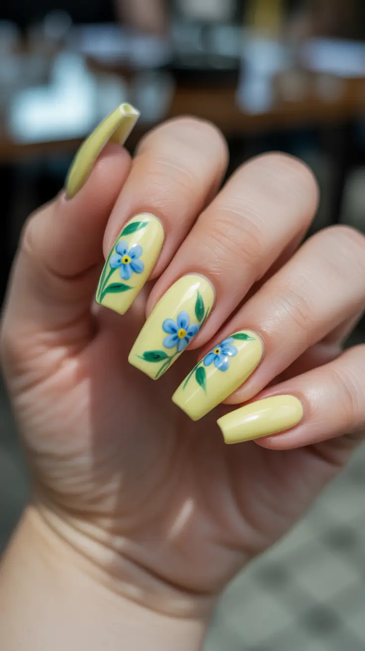 dreamy spring long nails ideas 2026 + Butter Yellow Blooms With Blue Petals