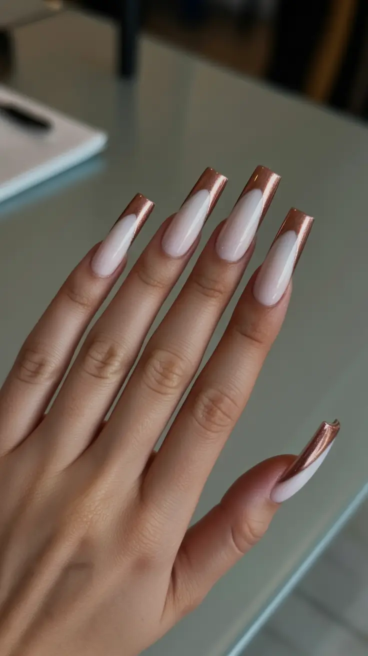 dreamy spring long nails ideas 2026 + Rose Gold French Coffin Tips