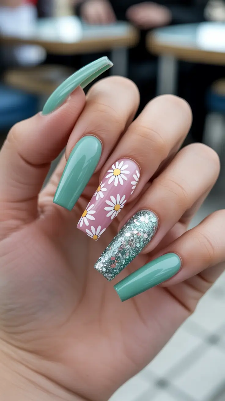dreamy spring long nails ideas 2026 + Seafoam And Daisies With A Glitter Pop