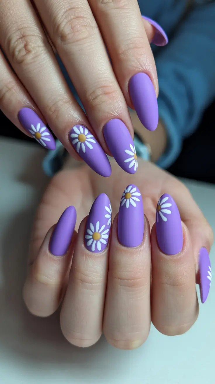 dreamy spring long nails ideas 2026 + Matte Violet Daisies With Almond Drama