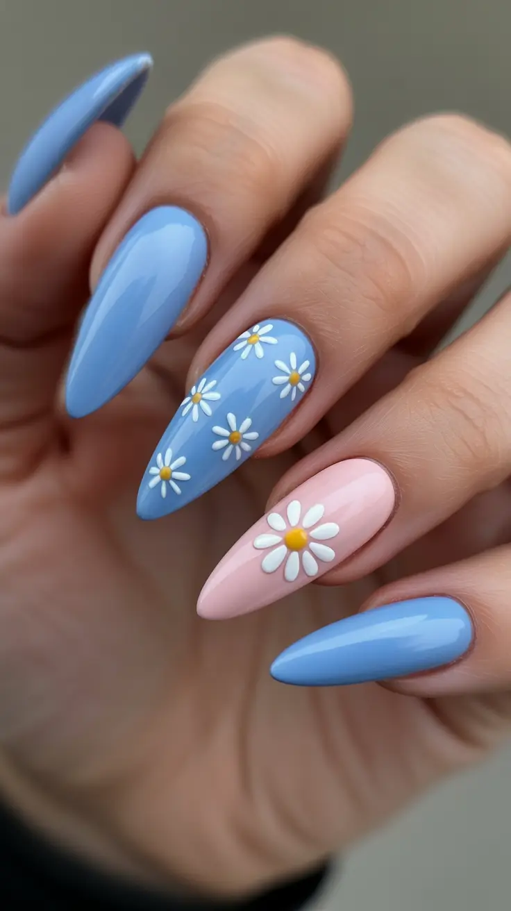 dreamy spring long nails ideas 2026 + Cloudy Blue And Blush Daisies For A Soft Spring Mood
