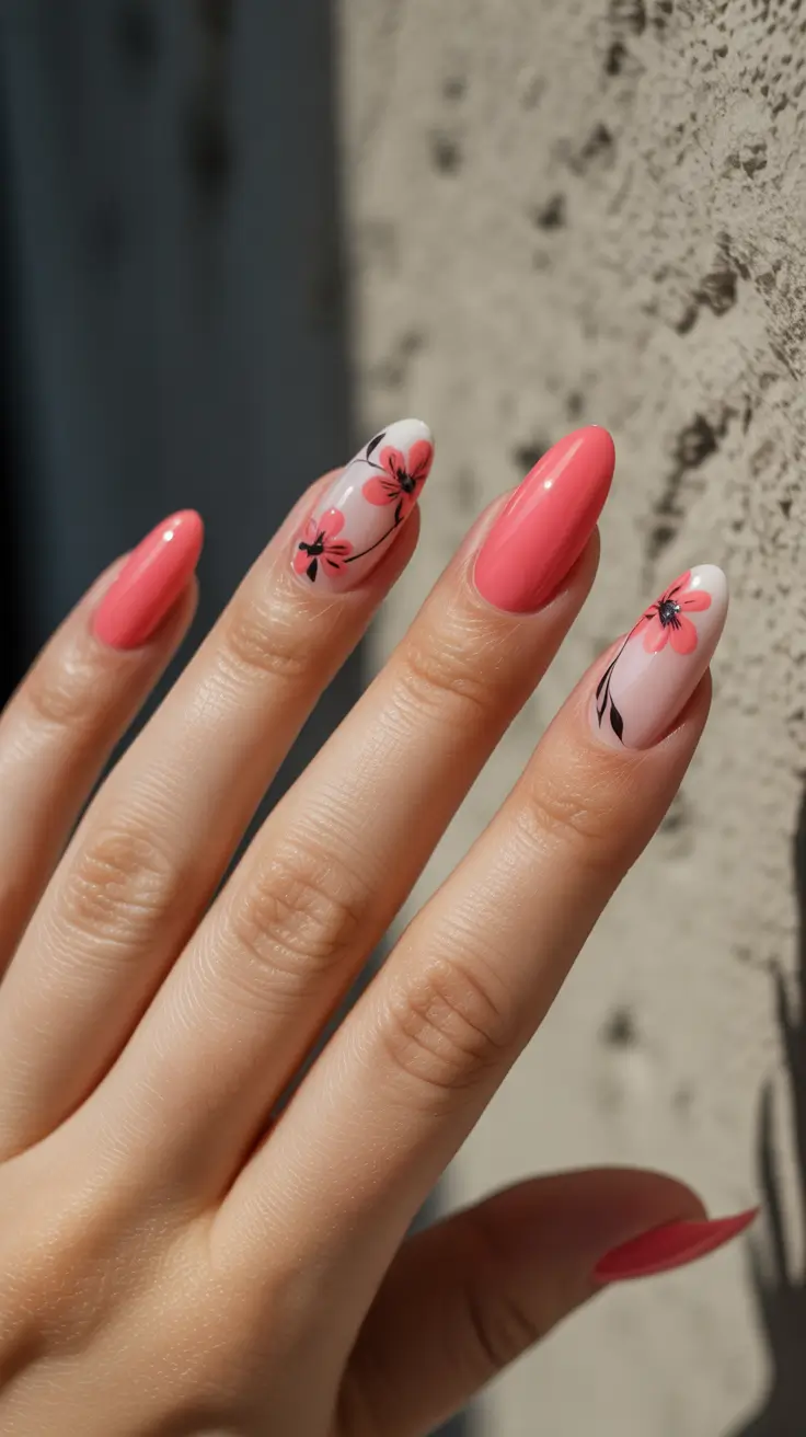dreamy spring long nails ideas 2026 + Coral Bloom Accents With Glossy Confidence