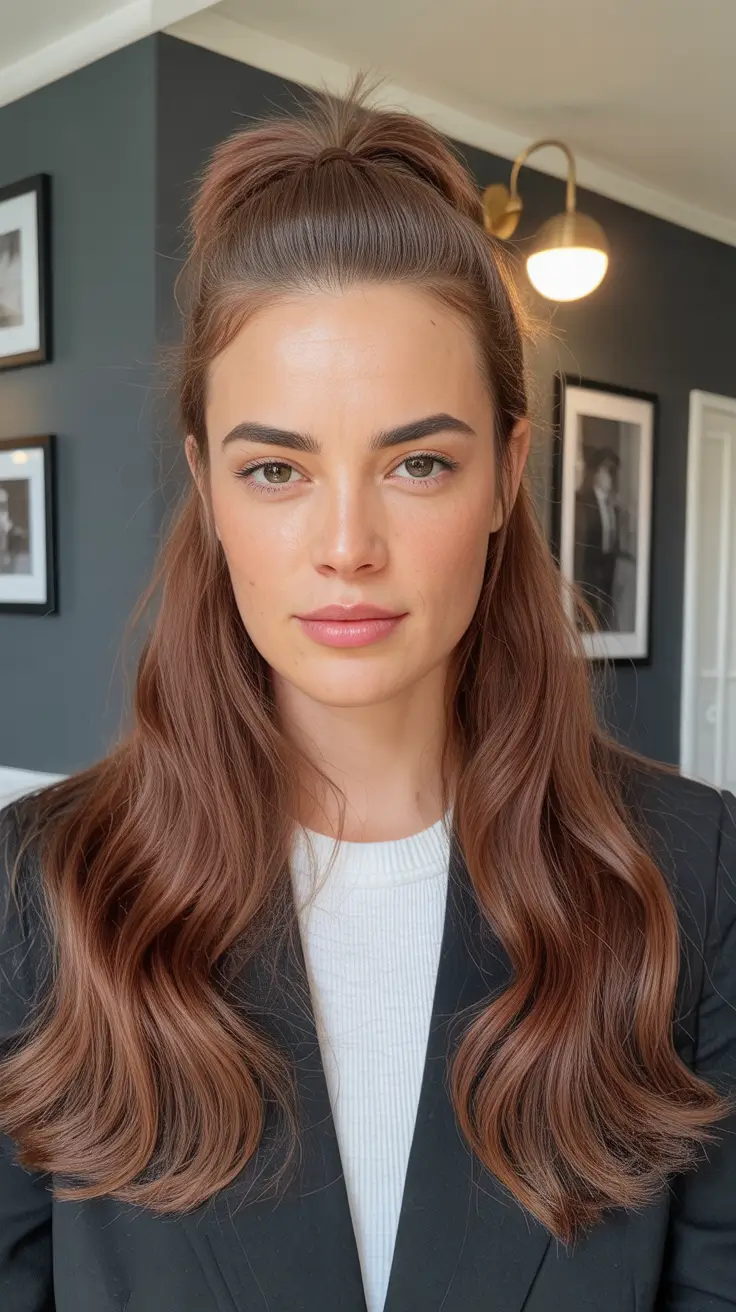 chic spring mushroom brown hair color trends 2026 + Soft Mushroom Brown With A Half-Up Lift And Glossy Waves