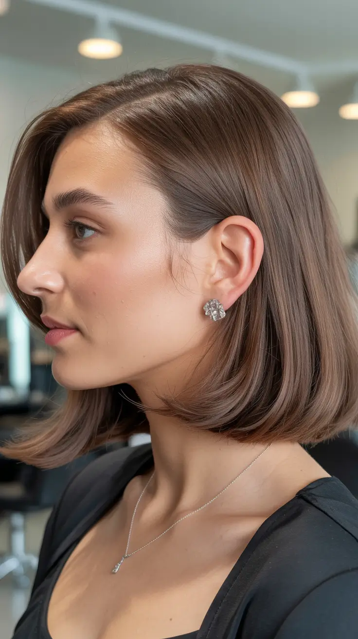 chic spring mushroom brown hair color trends 2026 + Sleek Short Mushroom Brown Solid Bob With Quiet Luxury Shine