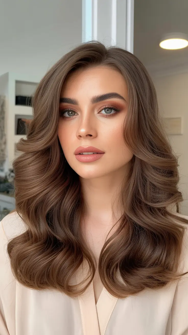 chic spring mushroom brown hair color trends 2026 + Old-Hollywood Waves In A Cool Mushroom Brunette