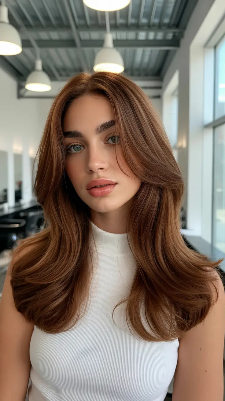 chic spring mushroom brown hair color trends 2026 + Blowout Layers In Mushroom Brown With Soft Face-Framing