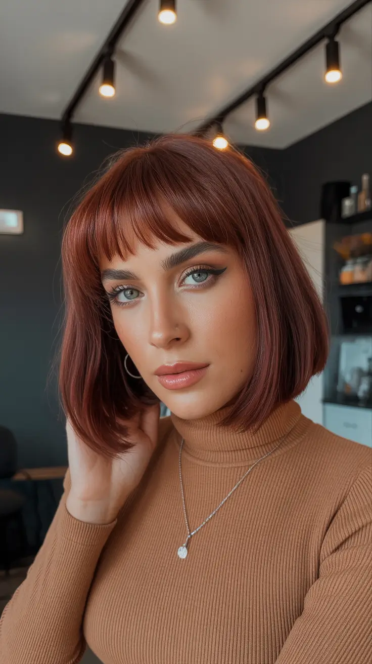 chic spring mushroom brown hair color trends 2026 + French-Girl Fringe With A Smoky Mushroom Gloss