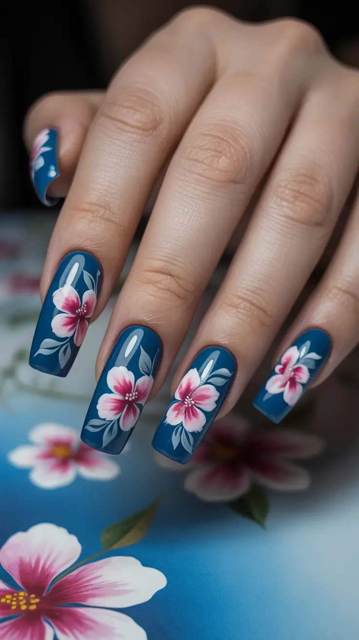 Spring Nail Art Designs Blue Tropical Bloom