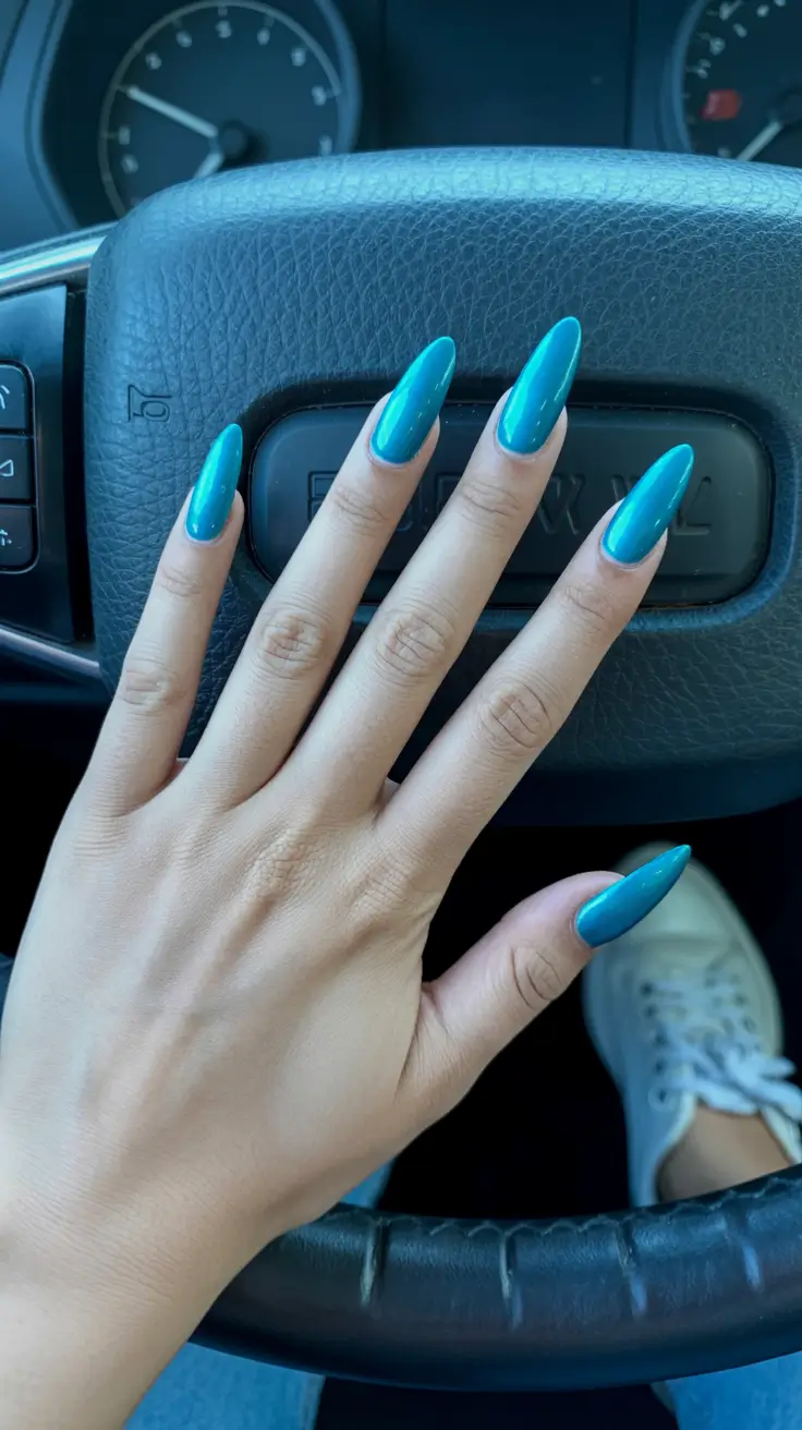 trendy spring nail colors 2026 + Electric Teal Stilettos For Main-Character Spring