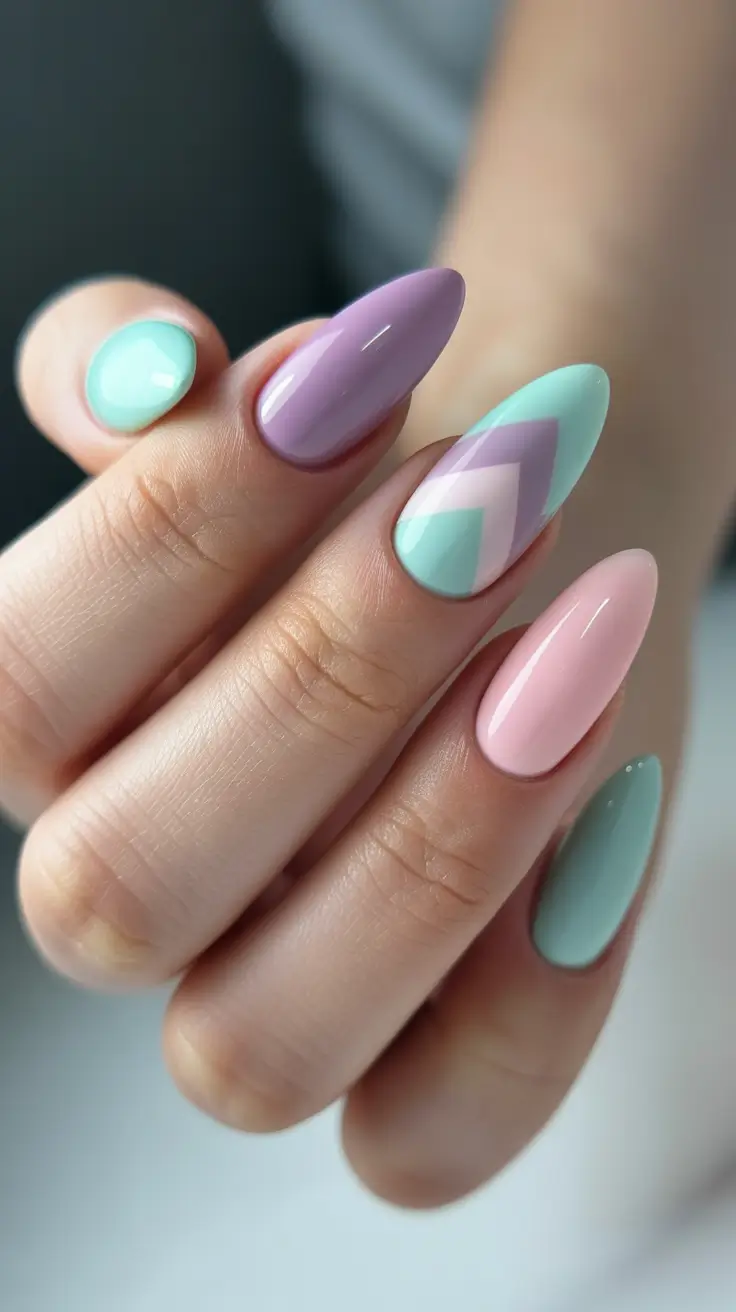 minimalist spring nail design 2026 + Pastel Color-Block Almond With A Clean Chevron Detail