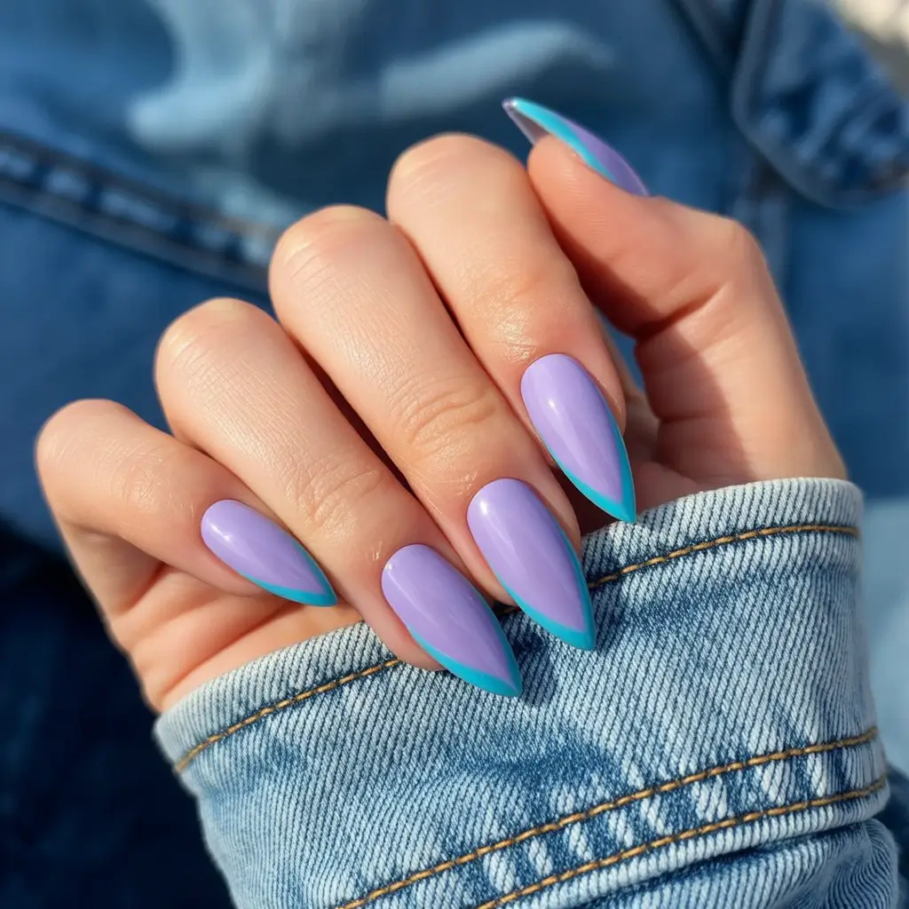 minimalist spring nail design 2026 + Lavender Almond With Bright Teal French Tips