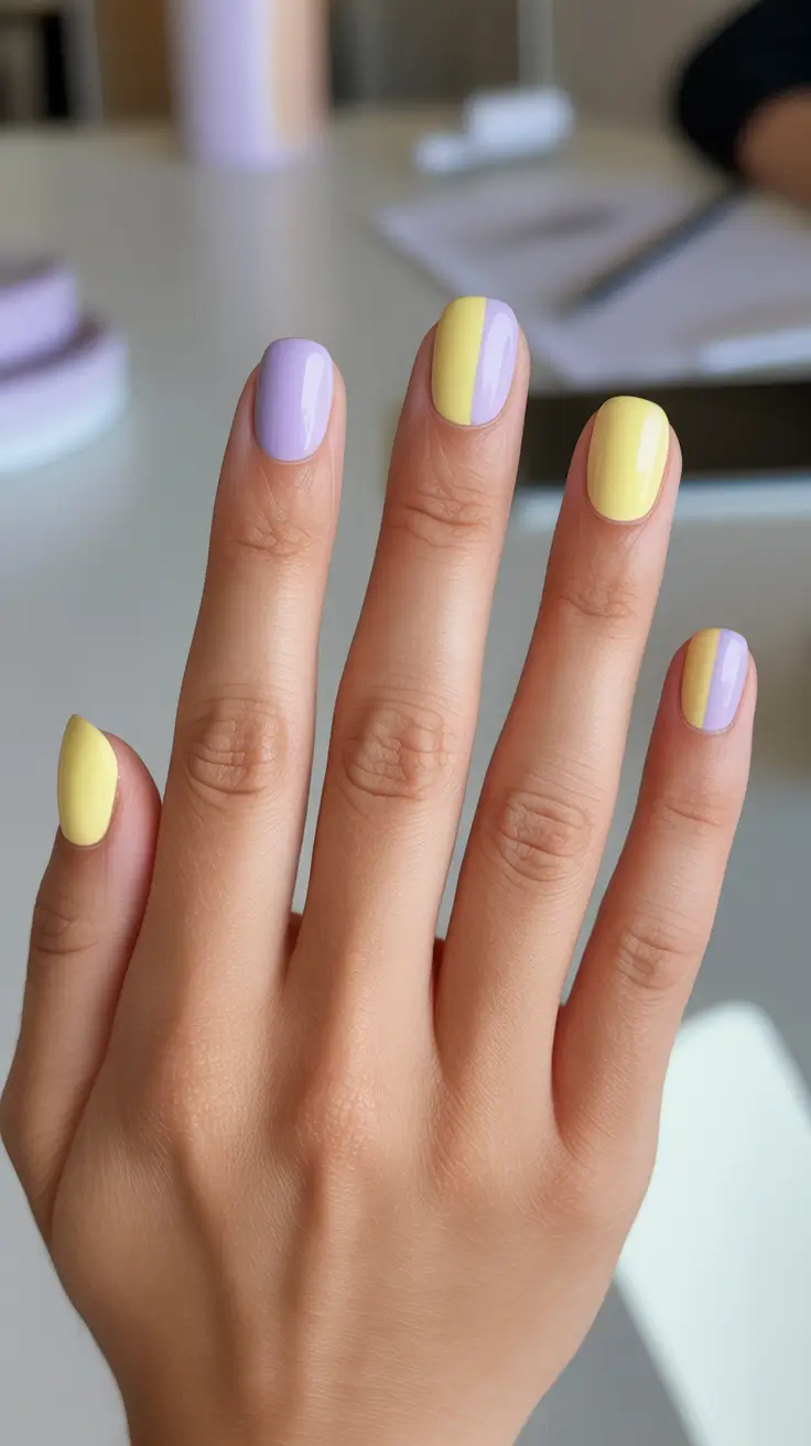 minimalist spring nail design 2026 + Short Pastel Split Nails In Yellow And Lavender