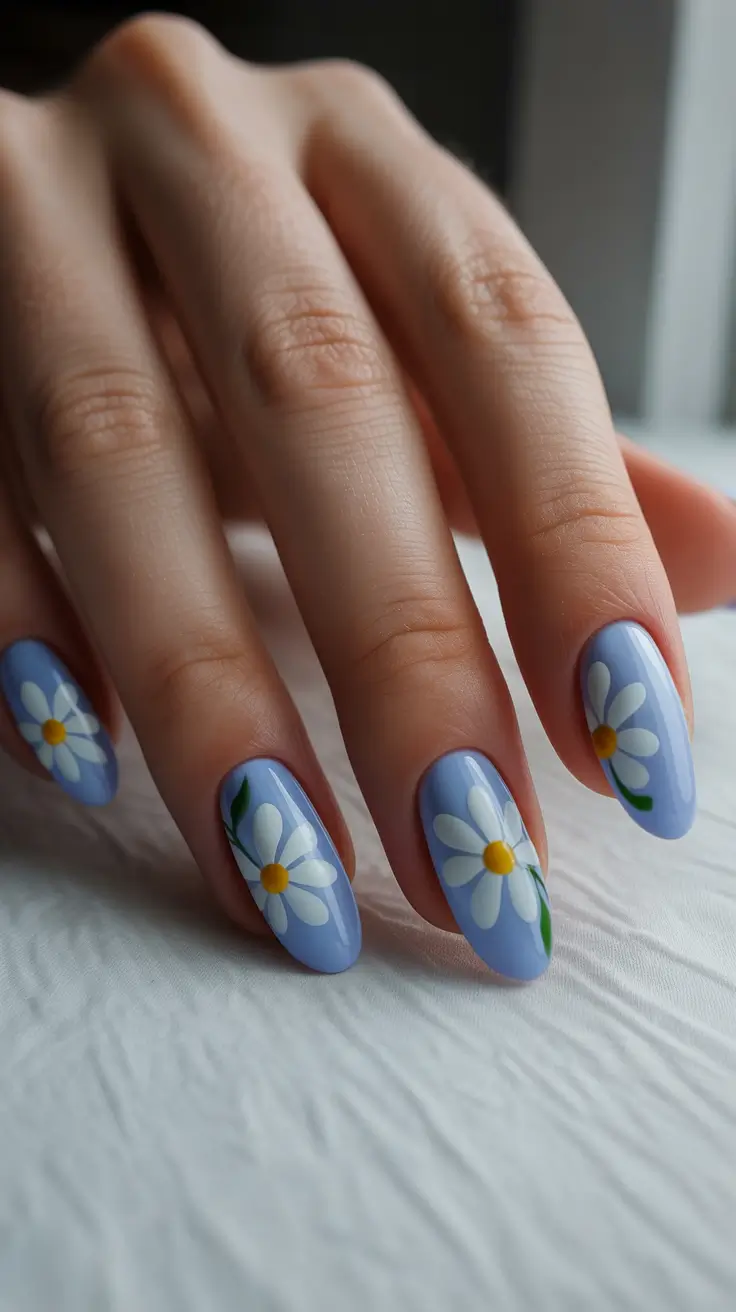 minimalist spring nail design 2026 + Powder Blue Daisies With A Clean, Calm Finish