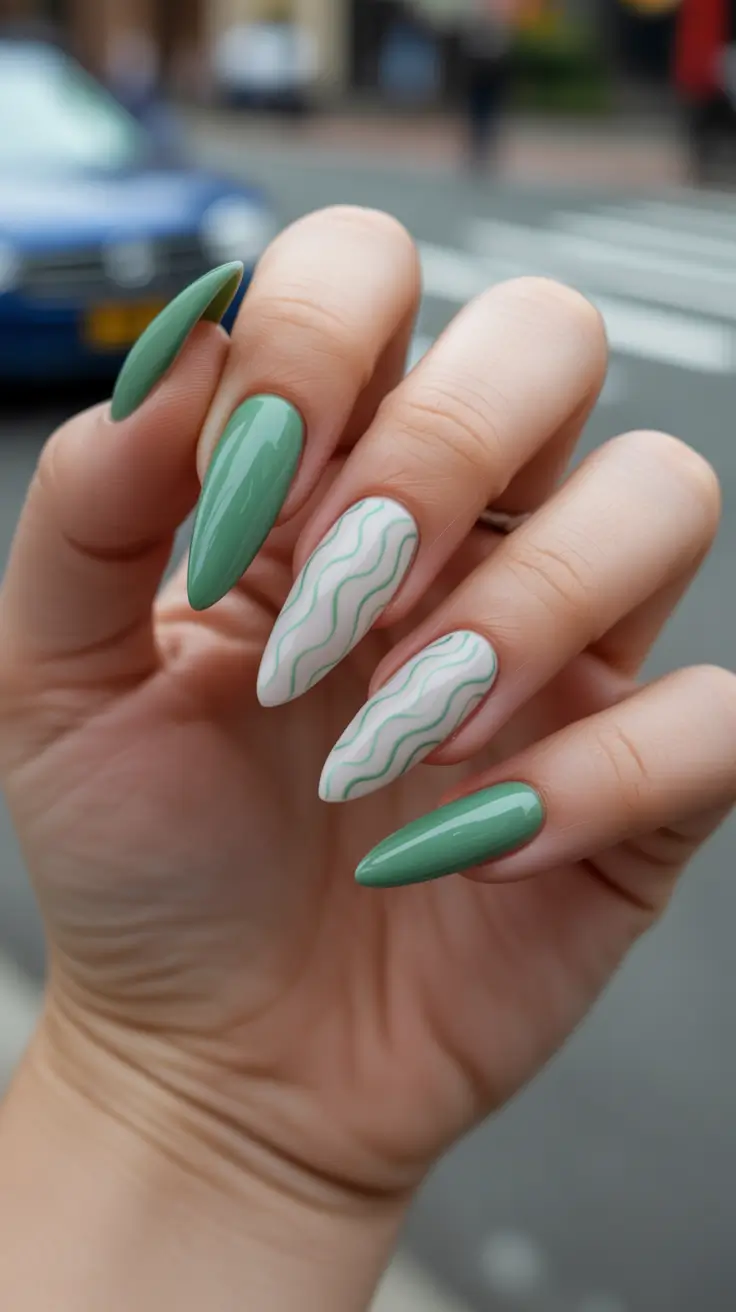 minimalist spring nail design 2026 + Green Wave Lines For A Minimalist City-Spring Moment
