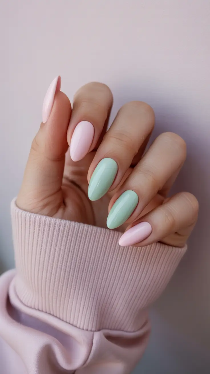minimalist spring nail design 2026 + Mint And Blush Alternating Almond Minimalism