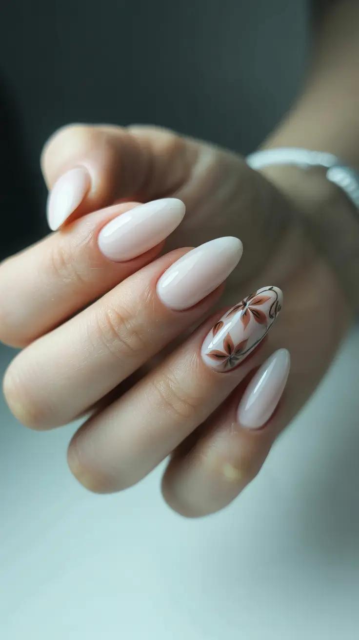 minimalist spring nail design 2026 + Milky Nude Almond With One Botanical Accent