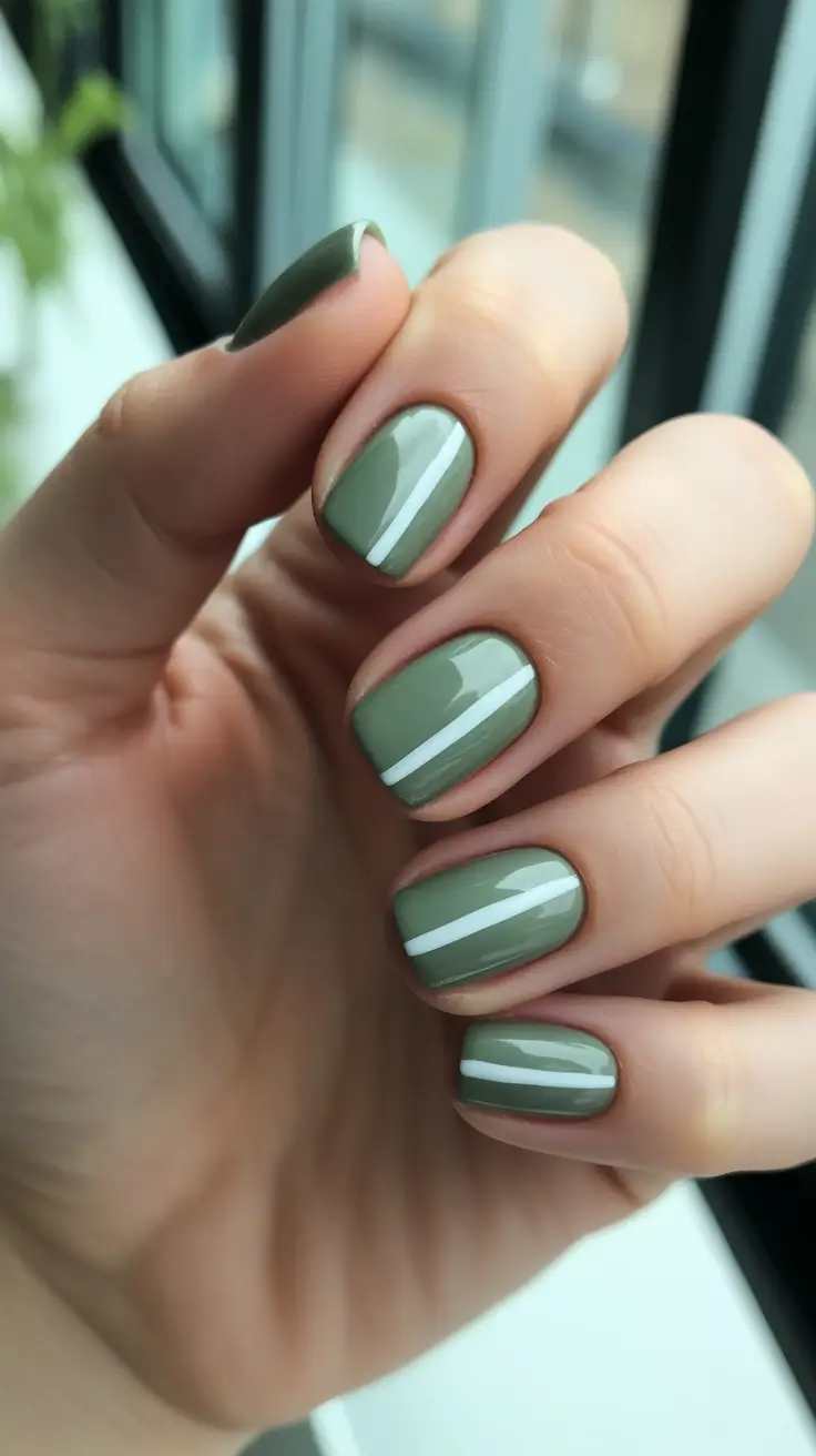 minimalist spring nail design 2026 + Sage Short Nails With Clean White Striping